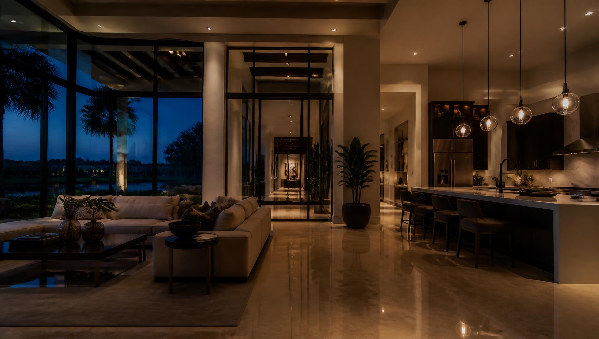 Softly lit, spotlessly clean modern living space at dusk